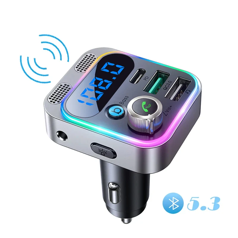 MPOW Car FM Transmitter Bluetooth 5.3, Wireless Radio Adapter, Dual Mic Hands-Free Call, 7 Color LED Backlight, Car Voltage Display for 12V/24V Vehicles