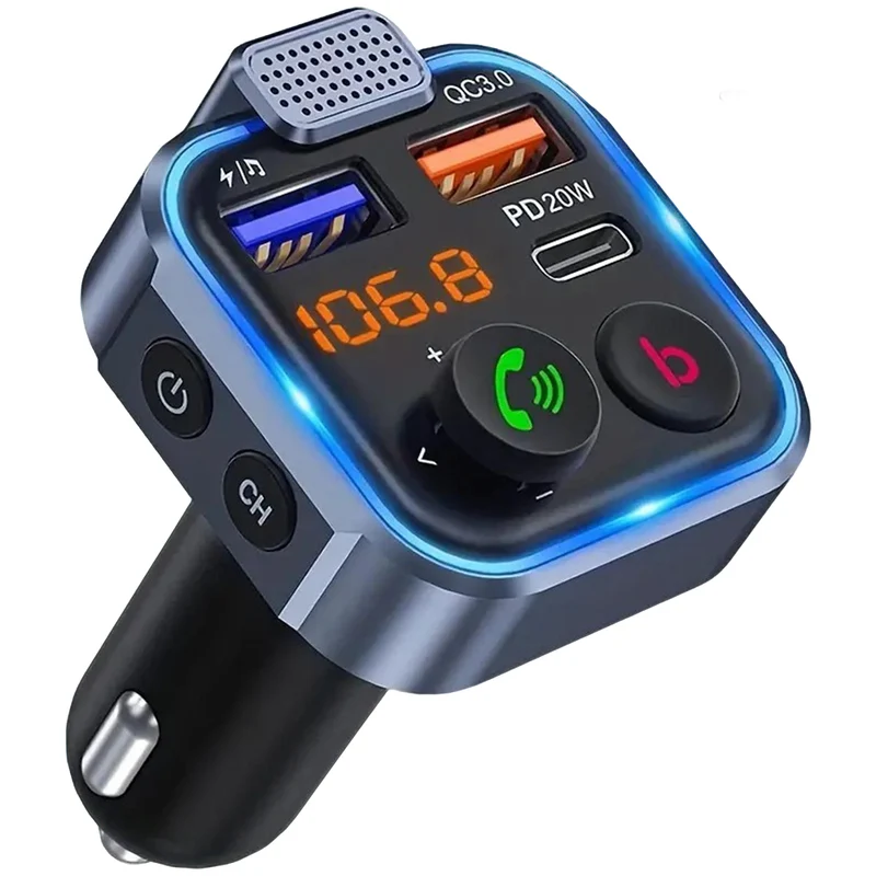 MPOW Car FM Transmitter Bluetooth 5.3, Wireless Radio Adapter, Dual Mic Hands-Free Call, 7 Color LED Backlight, Car Voltage Display for 12V/24V Vehicles