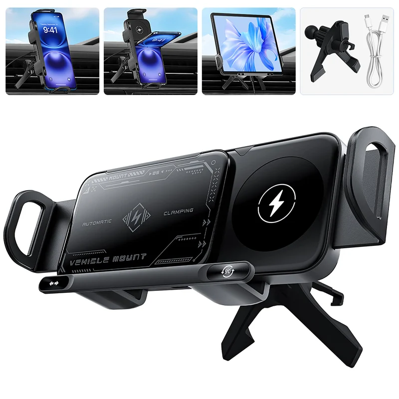 MPOW 15W Wireless Charging Car Mount with Base,Data Cable, 2-in-1 Auto-Rotating Phone Holder, 90° Rotation, Auto-Clamping, Strong Magnet, Universal for All Car Vents & Phones