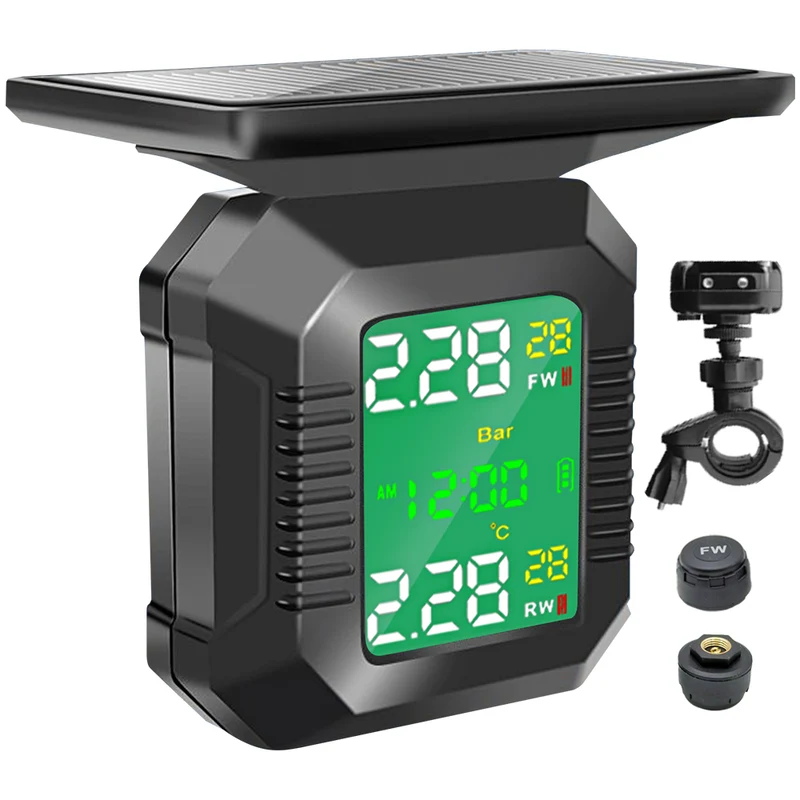 MPOW Solar Powered Color Screen Motorcycle Tire Pressure Monitor (Green LCD) Wireless TPMS with 2 Sensors, 433.92MHz, USB/Solar Dual Charging, Waterproof, for 2 Wheel Motorcycles
