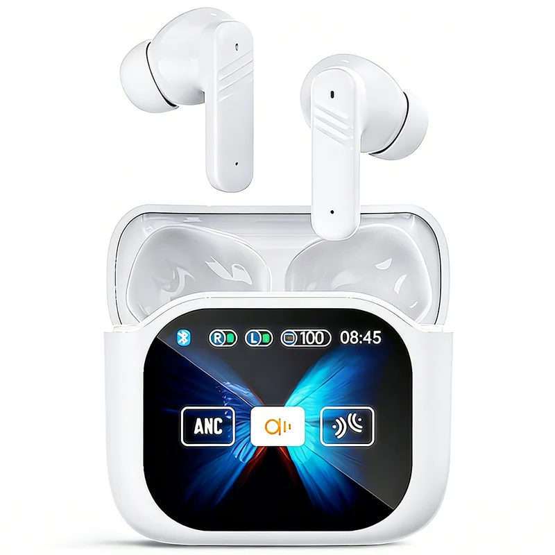 MPOW New Hybrid Active Noise Cancelling Wireless Earbuds, AI Language Translation Earbuds, LCD Touchscreen,48H Long ANC Playtime,in Ear Bluetooth 5.4 Headphones Stereo Bass Heasets(White)