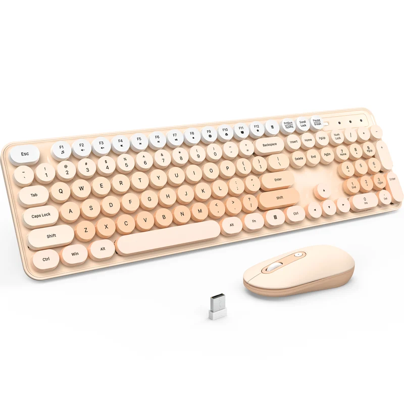 MPOW Wireless Keyboard and Mouse Combo, 2.4G USB Cordless Keyboard Mouse Set with Round Retro Keycaps, Ergonomic Design, Auto Sleep, Plug and Play, Full Size Keyboard for Laptop, PC, Desktop, Mac, Windows - Pink Beige