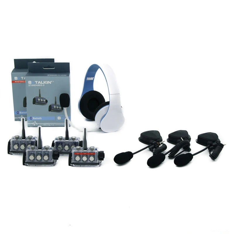 BbTalkin 3.0 4-Person Communication Bundle: Non Waterproof Stereo Headphone + 3x Boom microphone speaker