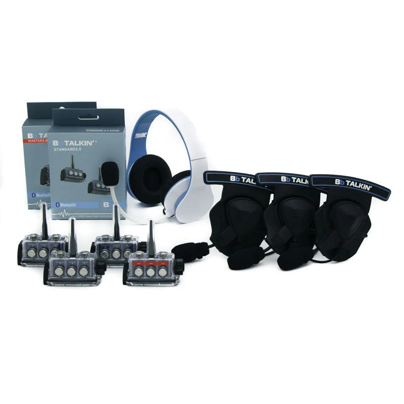 BbTalkin 3.0 4-Person Communication Bundle: Non Waterproof Stereo Headphone + 3x Mono Helmet Pad Headset