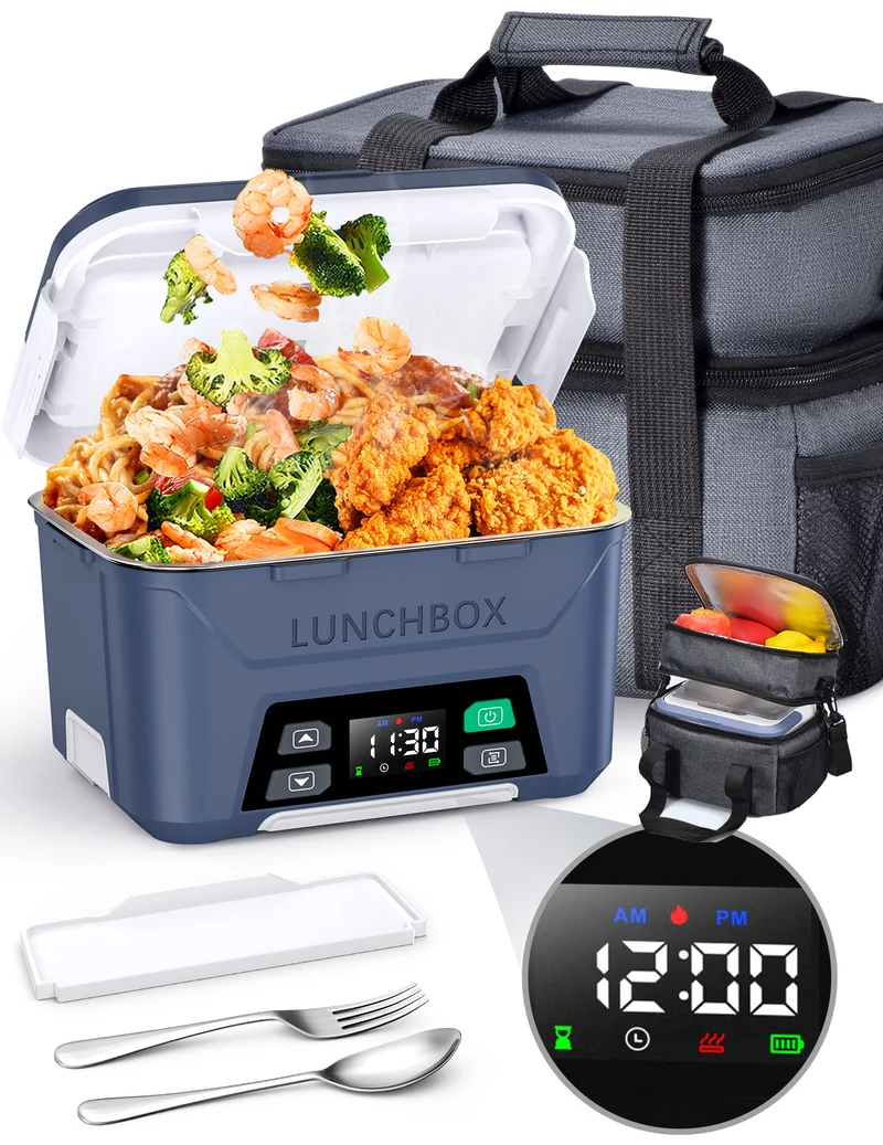 Cordless Electric Lunch Box, Heated Lunch Box Battery Powered with Automatic Scheduled Heating, 5.5 Cups Capacity, with Removable Tray Divider, Dishwasher Safe, for Hot Meals Anywhere