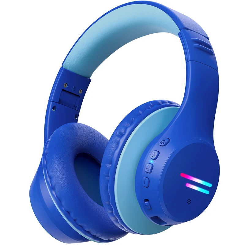 Kids Bluetooth Headphones, Colorful LED Lights Kids Headphones Wireless, 74/85/94dB Safe Volume, 90H Playtime, Fast Charging, Over Ear Toddler Headphones, Built-in Mic for School/Tablet/Airplane,Blue