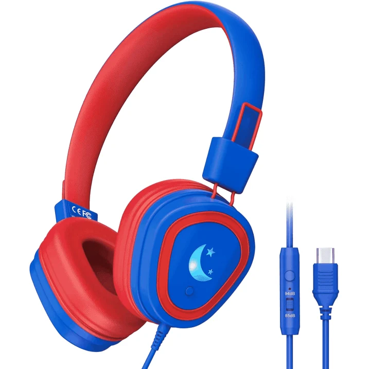 Mpow Kids Headphones with Microphone, USB-C Wired Kids Headphones with LED Light & Stereo, 85/94 dB Safe Volume Foldable Over-Ear Headphones for School Home Boys Girls Toddler Tablet