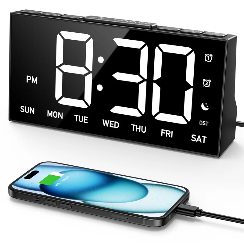 Mpow Alarm Clock for Heavy Sleepers, Digital Alarm Clock for Bedroom, Adjustable Brightness, Customizable Alarms, Automatically Dim at Night, Progressive Volume,DST, Alarm Clock for Kids Adults White