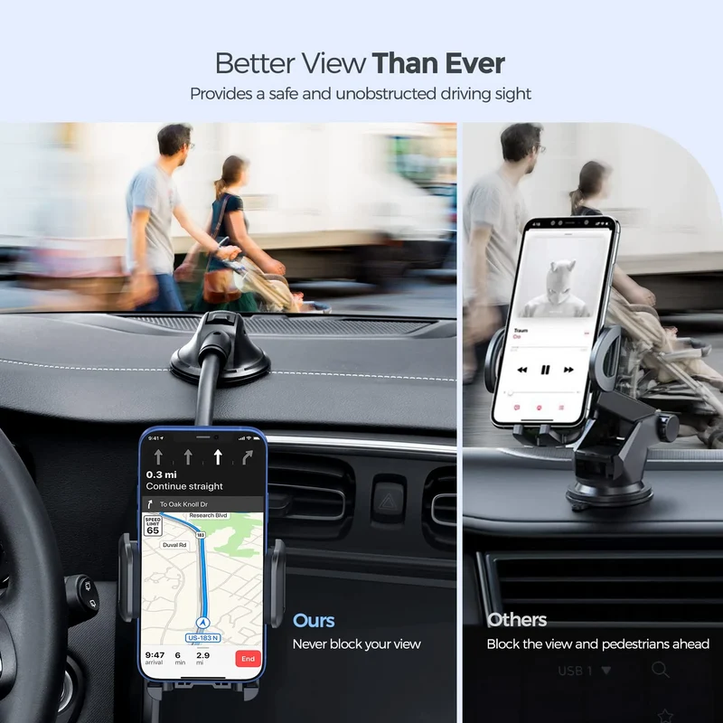 Car Phone Holder Mount, Long Arm Dashboard Windshield Phone Holder with Anti-Shake Device, Strong Suction Cup Car Mount Compatible with iPhone 14 13 12 11 Pro Max XS, Galaxy Note S22 S20 S10 and More