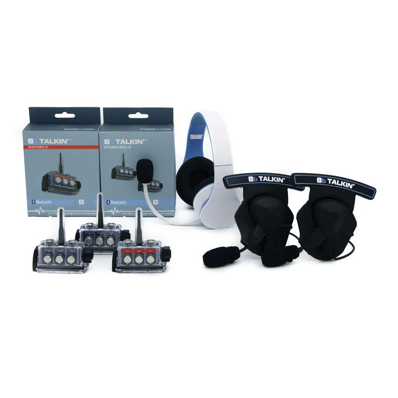 BbTalkin 3.0 3-Person Communication Bundle: Non Waterproof Stereo Headphone + 2x Mono Helmet Pad Headset