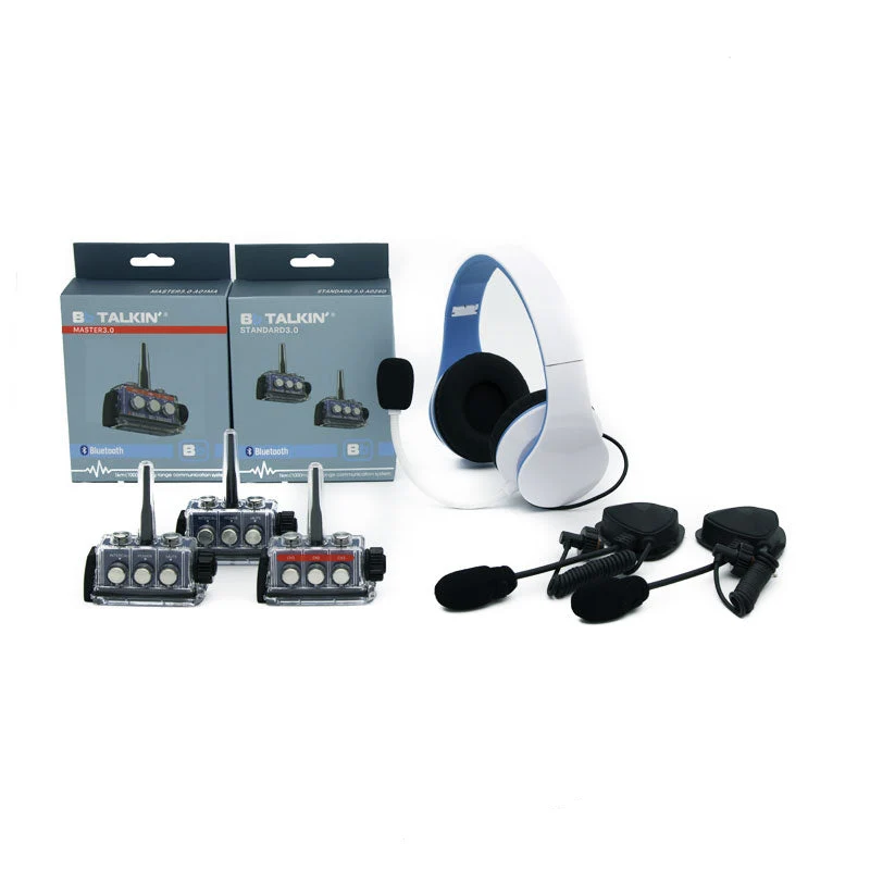 BbTalkin 3.0 3-Person Communication Bundle: Non Waterproof Stereo Headphone + 2x Boom microphone speaker