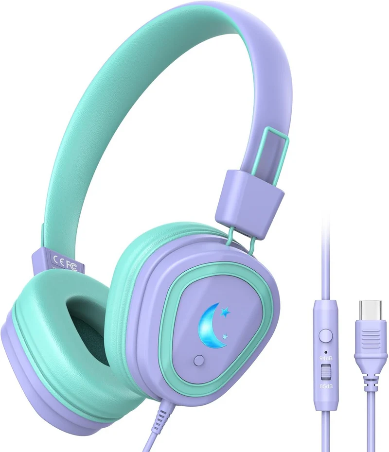 Mpow Kids Headphones with Microphone, USB-C Wired Kids Headphones with LED Light & Stereo, 85/94 DB Safe Volume Foldable over-Ear Headphones for School Home Boys Girls Toddler Tablet