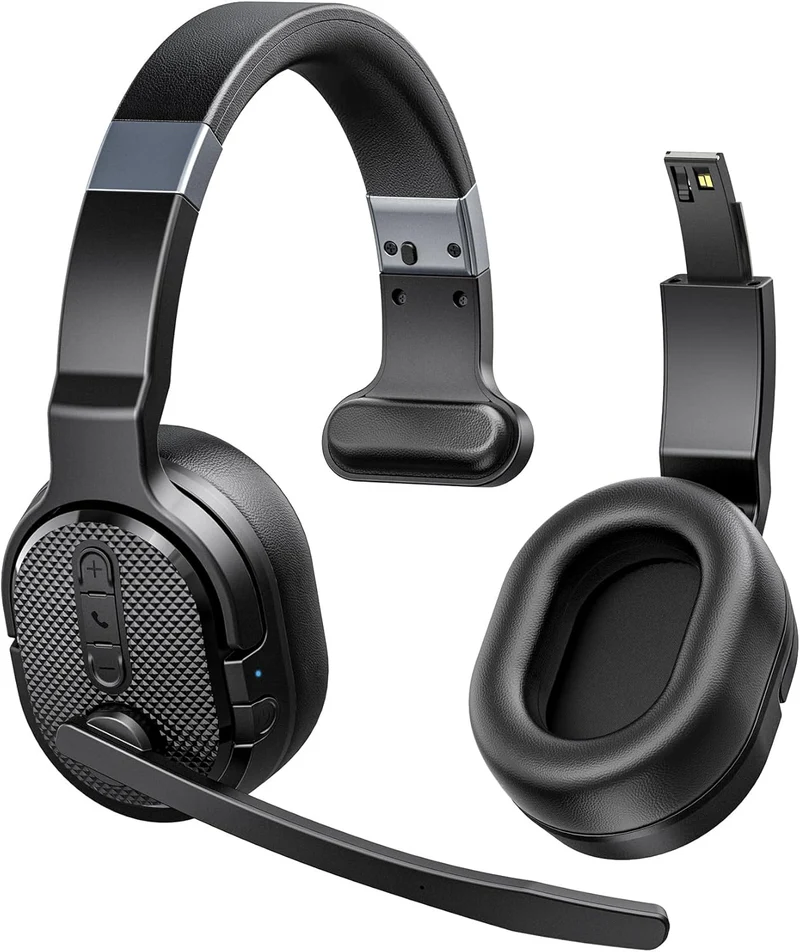 Bluetooth Headset, Trucker Bluetooth Headset with Noise Cancelling Microphone, 50H HD Talktime Wireless Headsets with Detachable Earpad, Single/Dual Mode All-Day Comfort for Driver/Office/Home