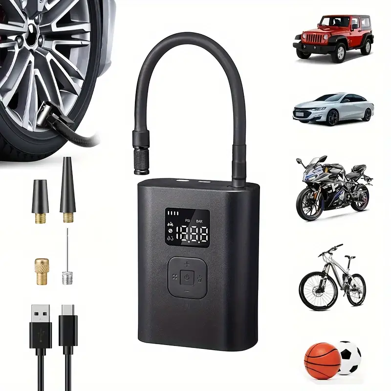 Portable 150 PSI Adjustable Cordless Tire Inflator, Electric Tire Inflator Air Compressor, 4 Modes For Cars, Bikes, Motorcycles And Balls, Battery Status LED Display, Car Air Pump With Digital Display, Bring Own Light