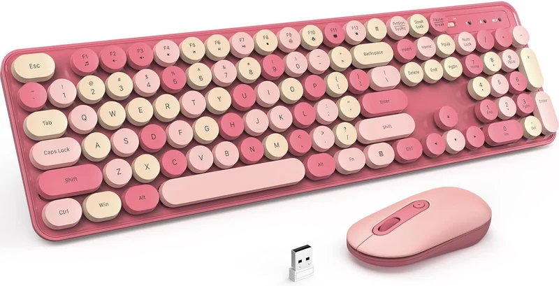 Wireless Keyboard and Mouse, Silent Keyboard Mouse Combo, Full-Sized Colorful Typewriter Keyboard with Round Keycaps, 2.4G Cute Mouse Compatible with PC/Laptop/Computer