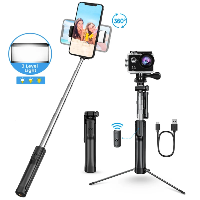 Mpow Selfie Stick Tripod with LED, Bluetooth Detachable Remote, 168AB