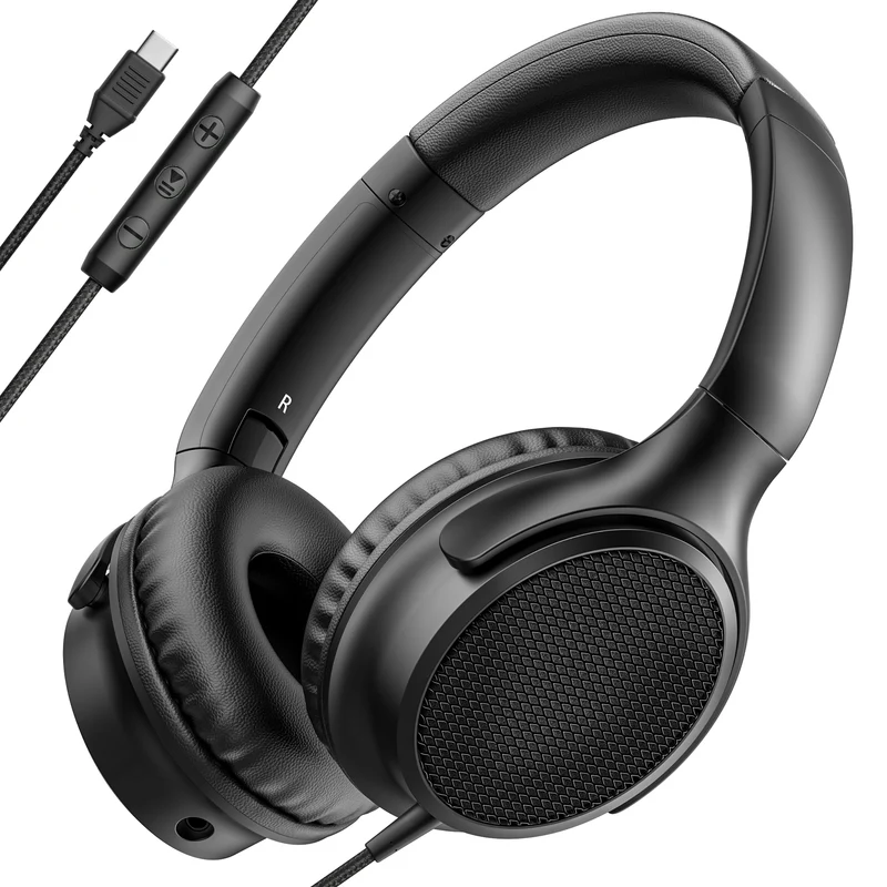 USB C Headphones Wired, Over Ear Wired Headphones with Microphone, Volume Control, HD Stereo Sound, Foldable Type C Headset for Relaxing, Gaming, Travel